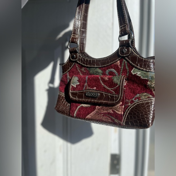 VTG Y2K Cottagecore Maroon Carpet Bag Tapestry purse w/ brown Croc faux leather - Picture 14 of 16